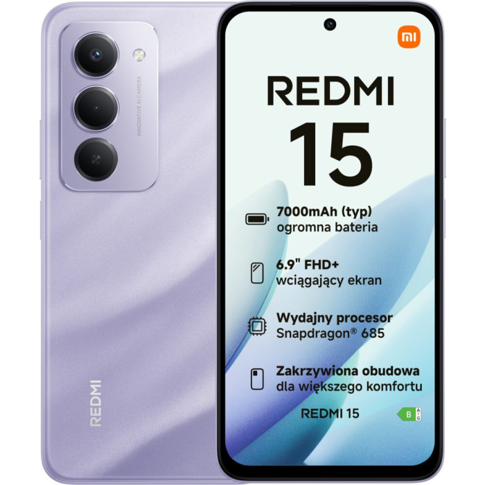 Smartfon XIAOMI Redmi 15 8/256GB 6.9" 144Hz Fioletowy