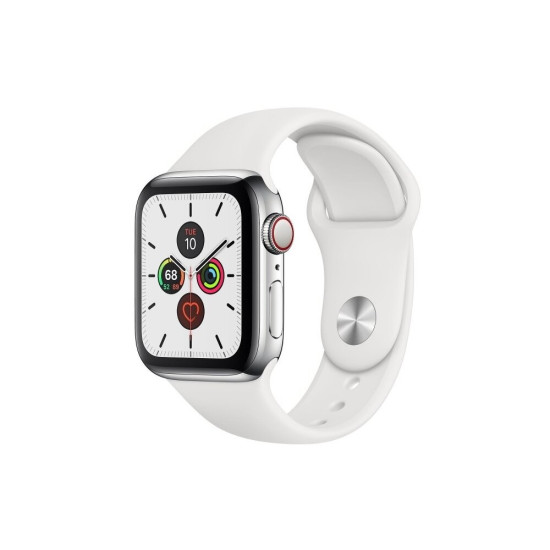 APPLE Watch 5 GPS + Cellular 40mm koperta ze stali nierdzewnej (srebrny) + pasek sportowy (biały)